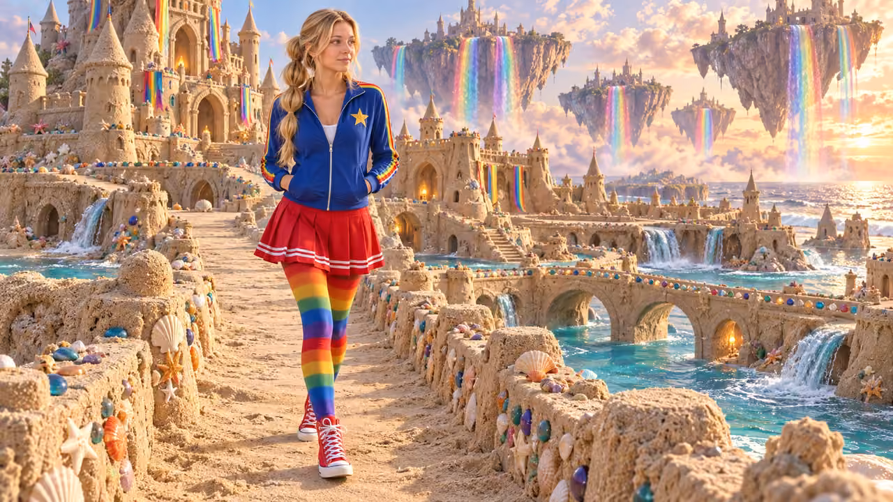 Rainbow Delta Sandcastle Adventure — Kristin in Rainbow Brite-inspired styling