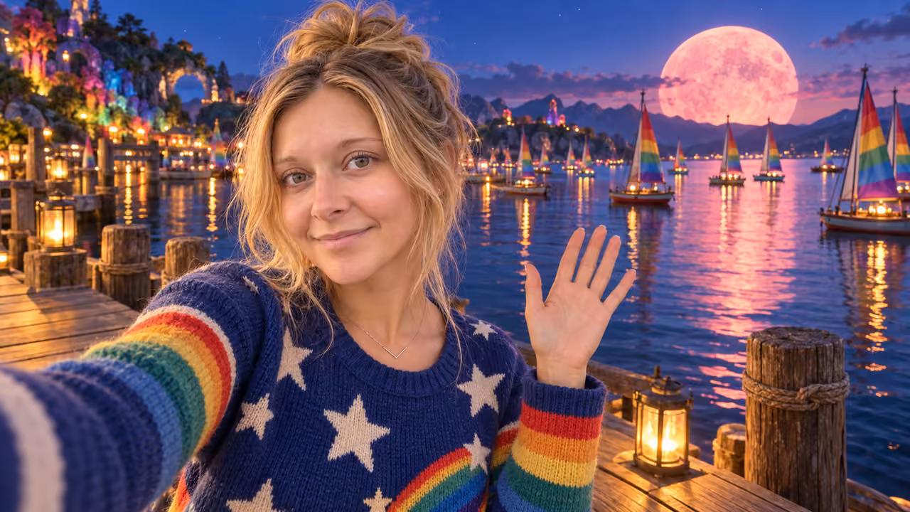 Rainbow Moonrise Dock Selfie — Kristin in Rainbow Brite-inspired styling