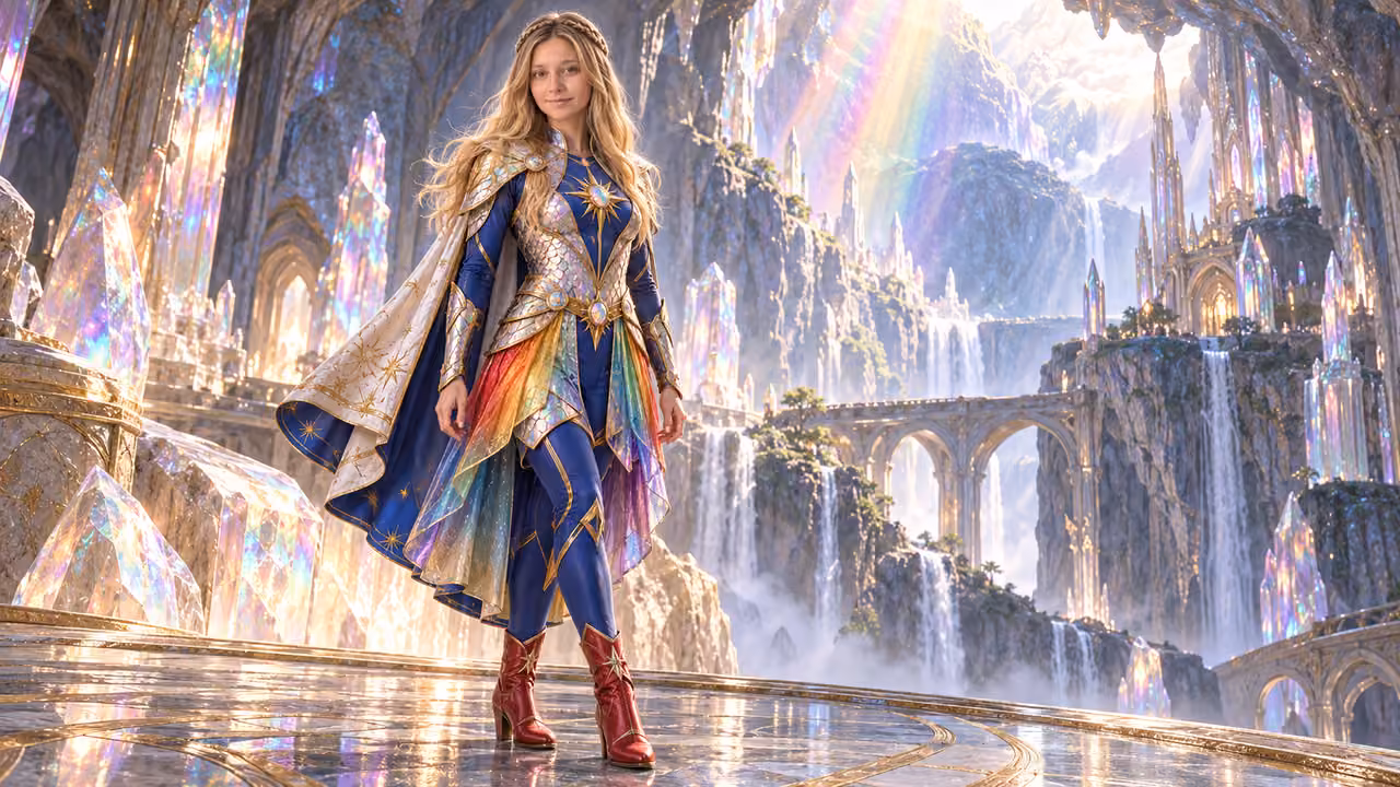 Opal Sentinel in a Rainbow Cavern — Kristin in Rainbow Brite-inspired styling