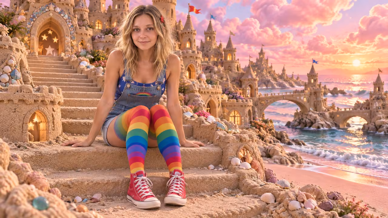 Rainbow in the Sugar-Sky Sand Village — Kristin in Rainbow Brite-inspired styling