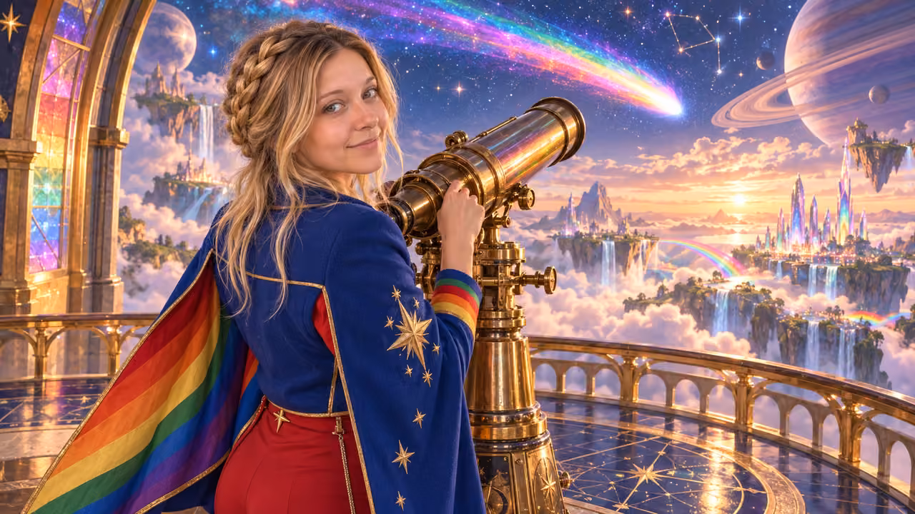 Telescope surprise beneath a rainbow comet — Kristin in Rainbow Brite-inspired styling