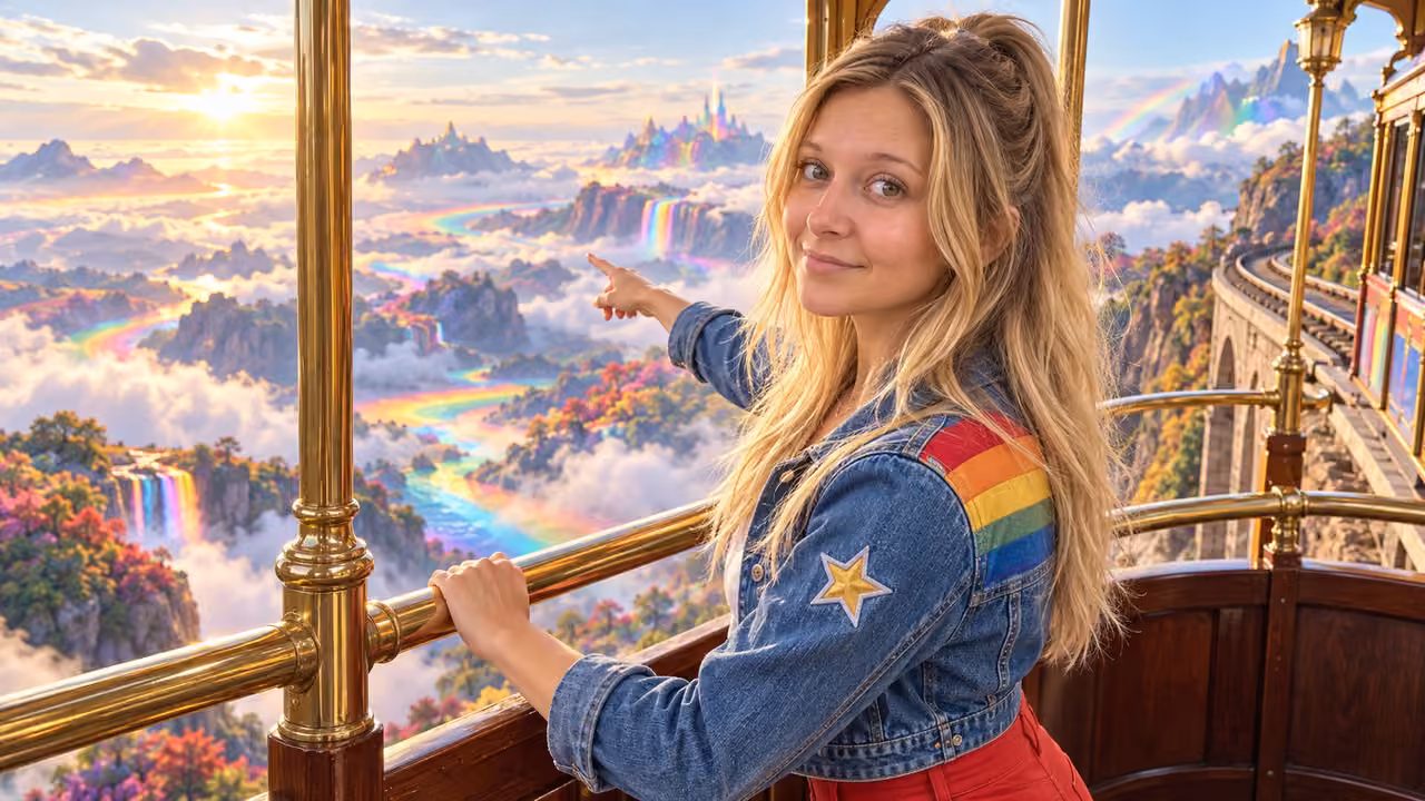 Kristin rides the rainbow mountain tram — Kristin in Rainbow Brite-inspired styling