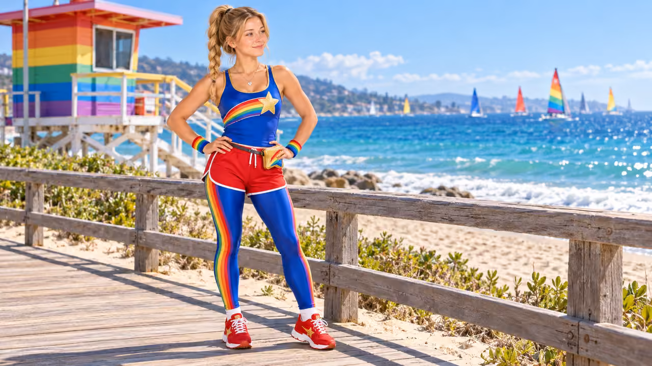 Rainbow Runner on the Seaside Boardwalk — Kristin in Rainbow Brite-inspired styling
