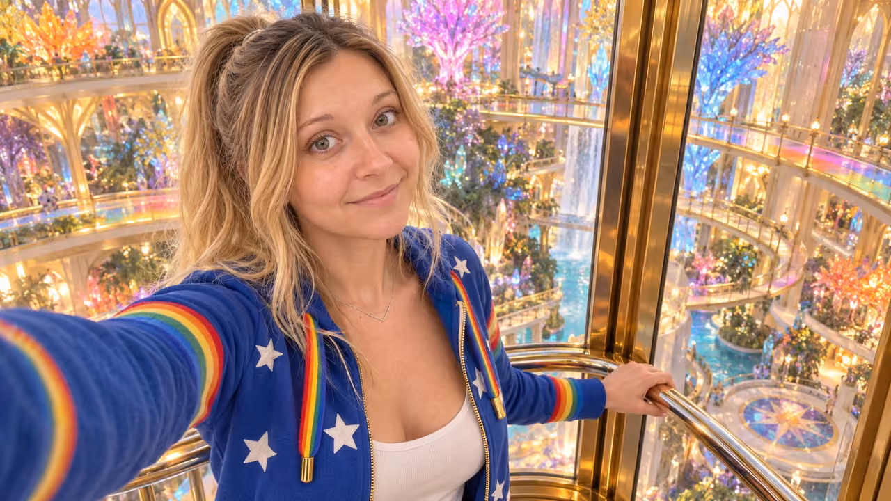 Rainbow Crystal Elevator Selfie — Kristin in Rainbow Brite-inspired styling