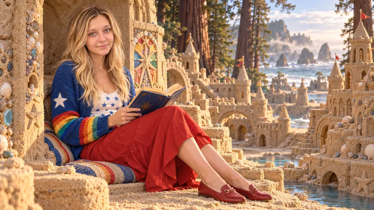 Rainbow style in a redwood sandcastle — Kristin in Rainbow Brite-inspired styling