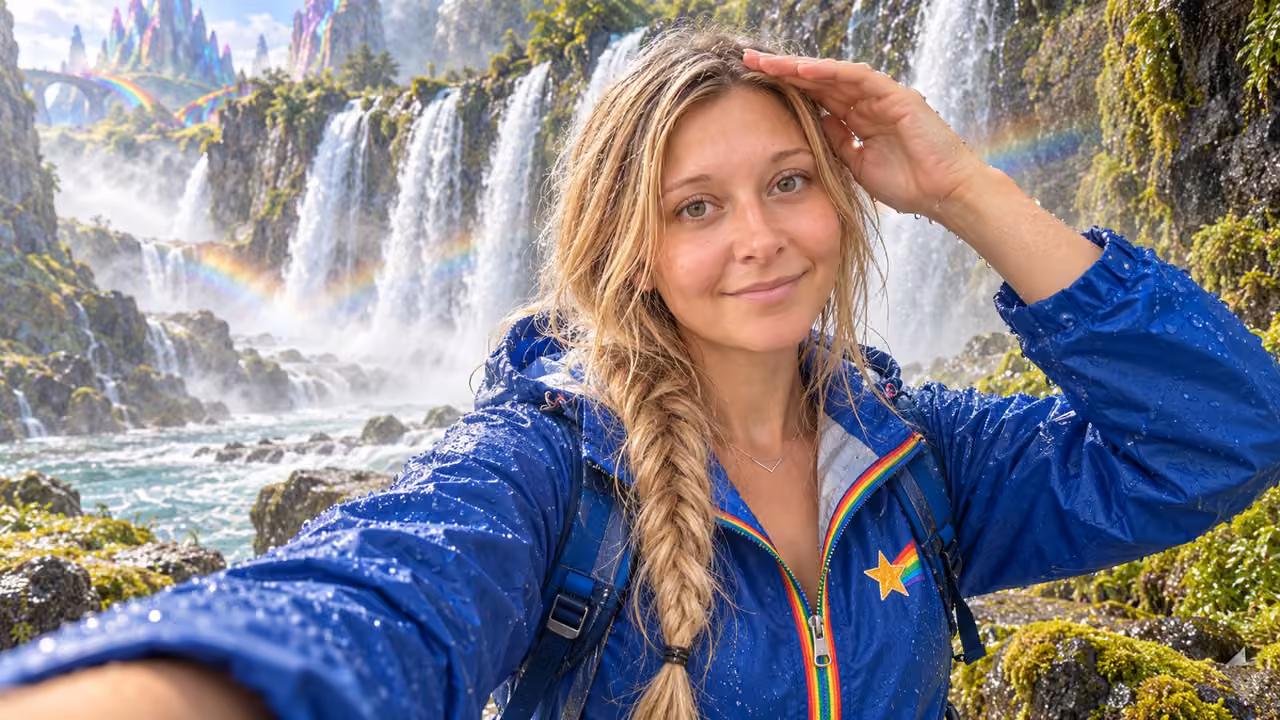 Rainbow Mist Waterfall Selfie — Kristin in Rainbow Brite-inspired styling