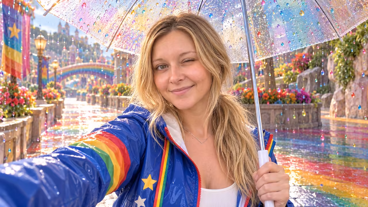 Playful Paint Rain Selfie — Kristin in Rainbow Brite-inspired styling
