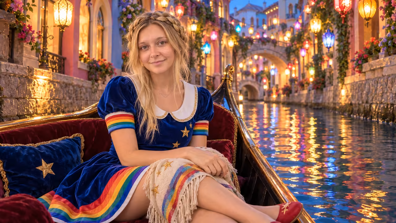 Lantern Gondola at Blue Hour — Kristin in Rainbow Brite-inspired styling