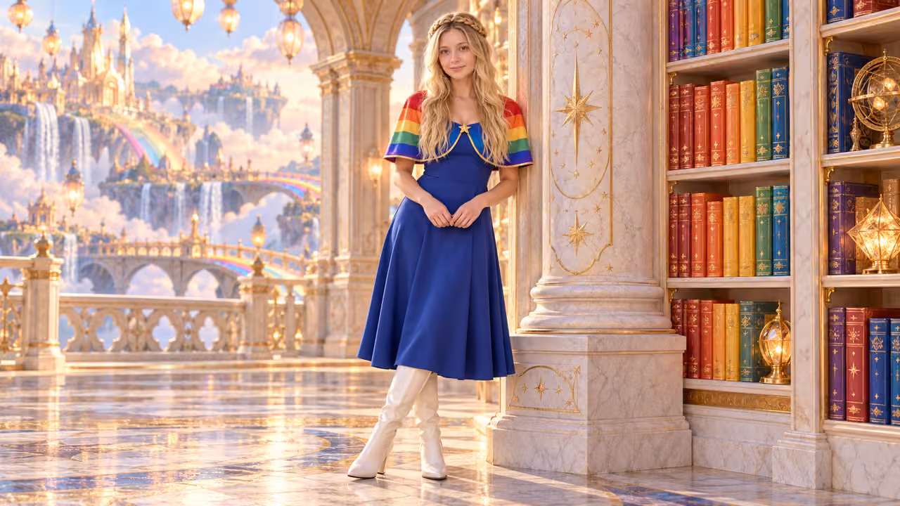 Rainbow Capelet in a Celestial Library — Kristin in Rainbow Brite-inspired styling