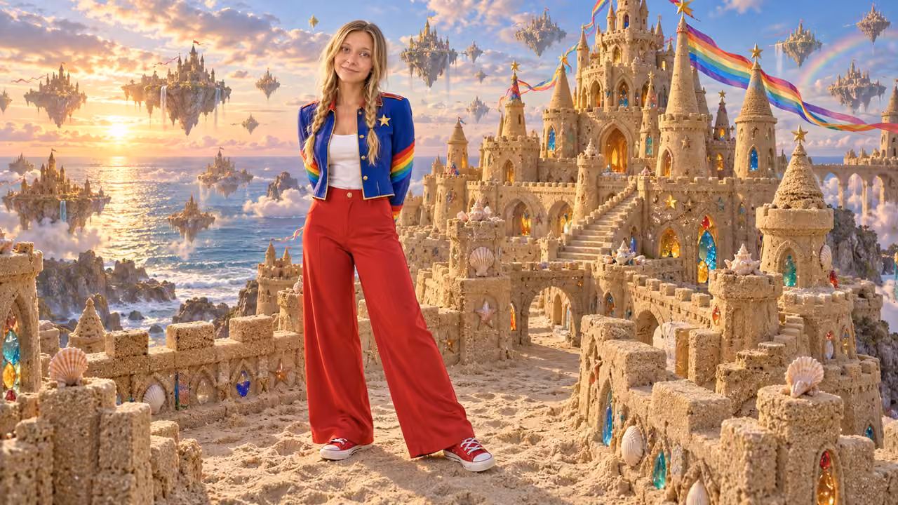 Rainbow fashion at the hundred-world sandcastle — Kristin in Rainbow Brite-inspired styling