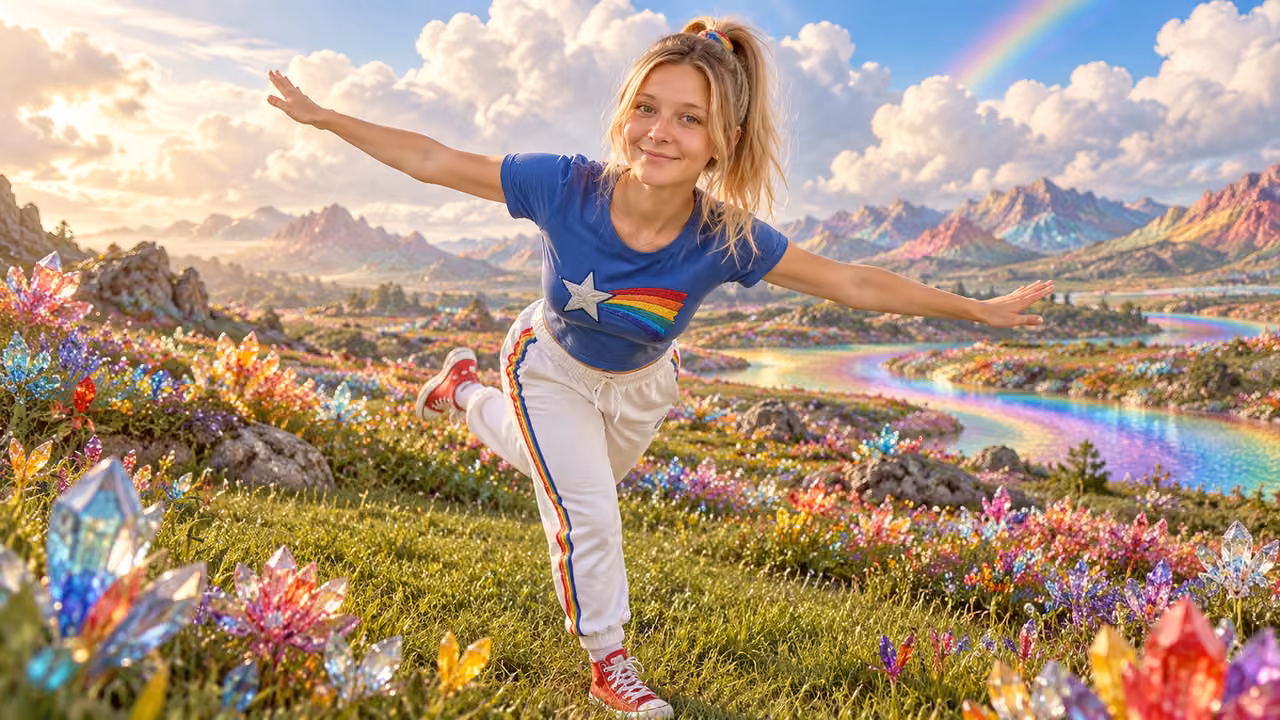 Kristin balances in Crystal Meadow — Kristin in Rainbow Brite-inspired styling