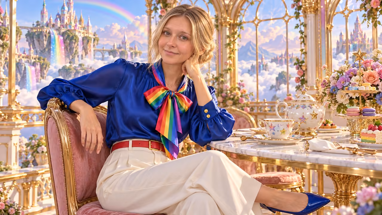 Rainbow High Tea in the Clouds — Kristin in Rainbow Brite-inspired styling