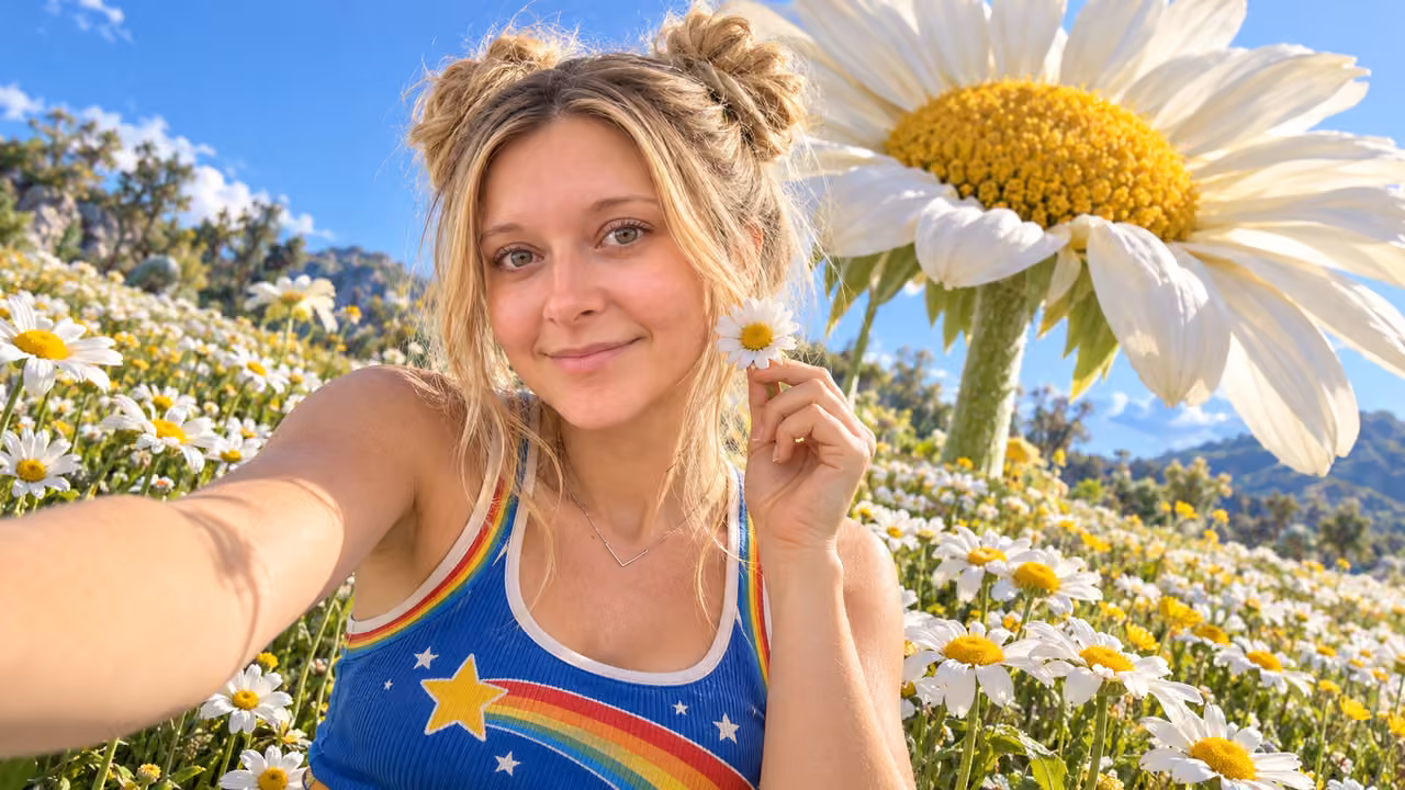 Giant daisy selfie in Rainbow Land — Kristin in Rainbow Brite-inspired styling
