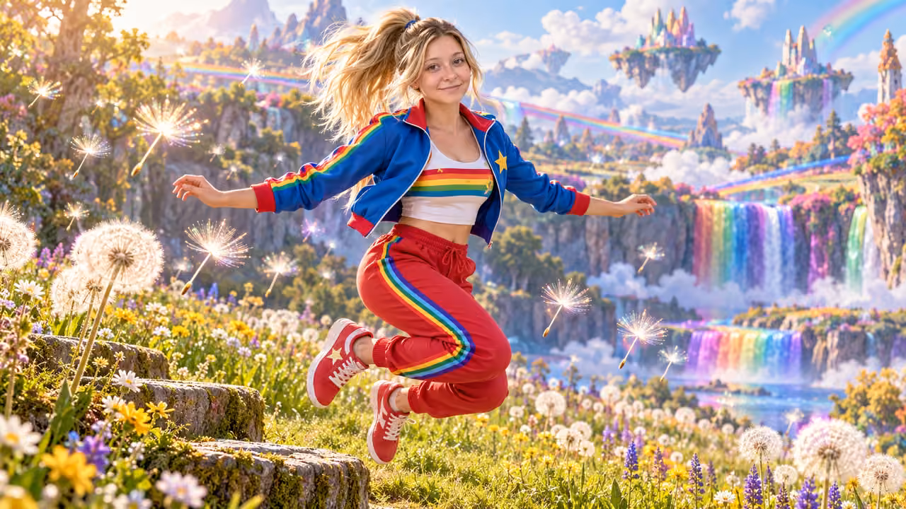 Joyful Leap Through Rainbow Meadow — Kristin in Rainbow Brite-inspired styling