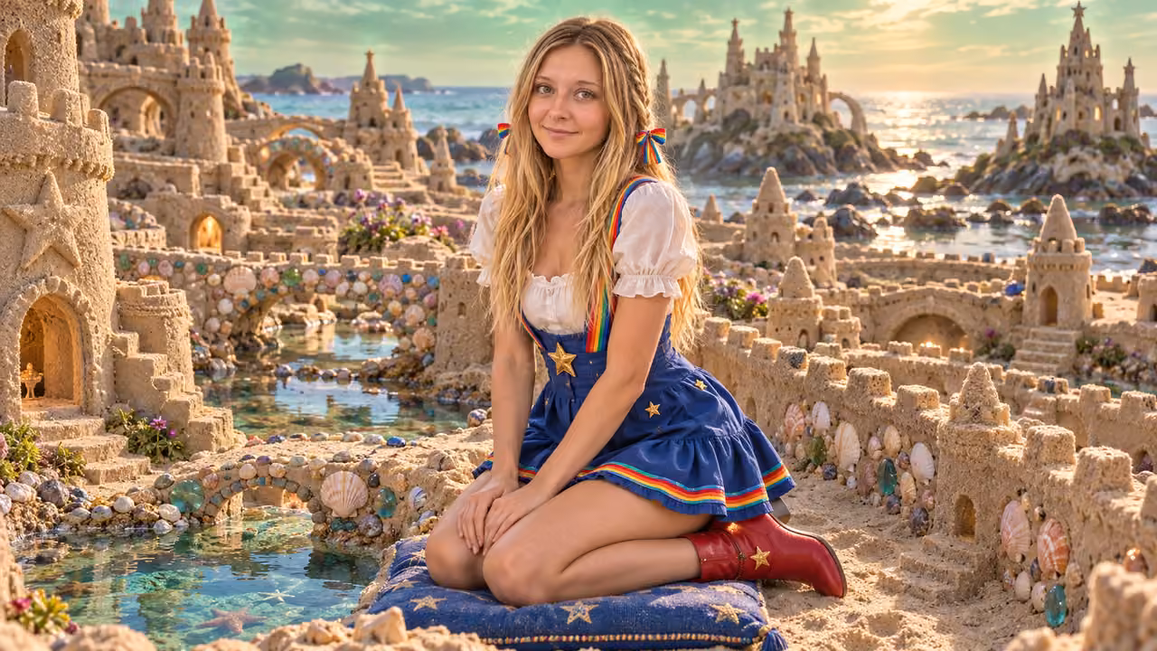 Tidepool Sandcastle Maze Fashion Adventure — Kristin in Rainbow Brite-inspired styling