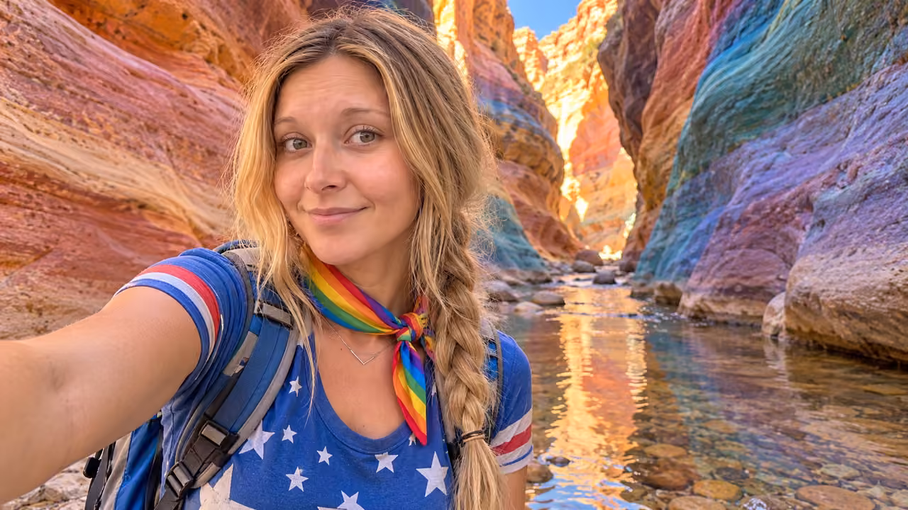 Playful Polychrome Canyon Selfie — Kristin in Rainbow Brite-inspired styling