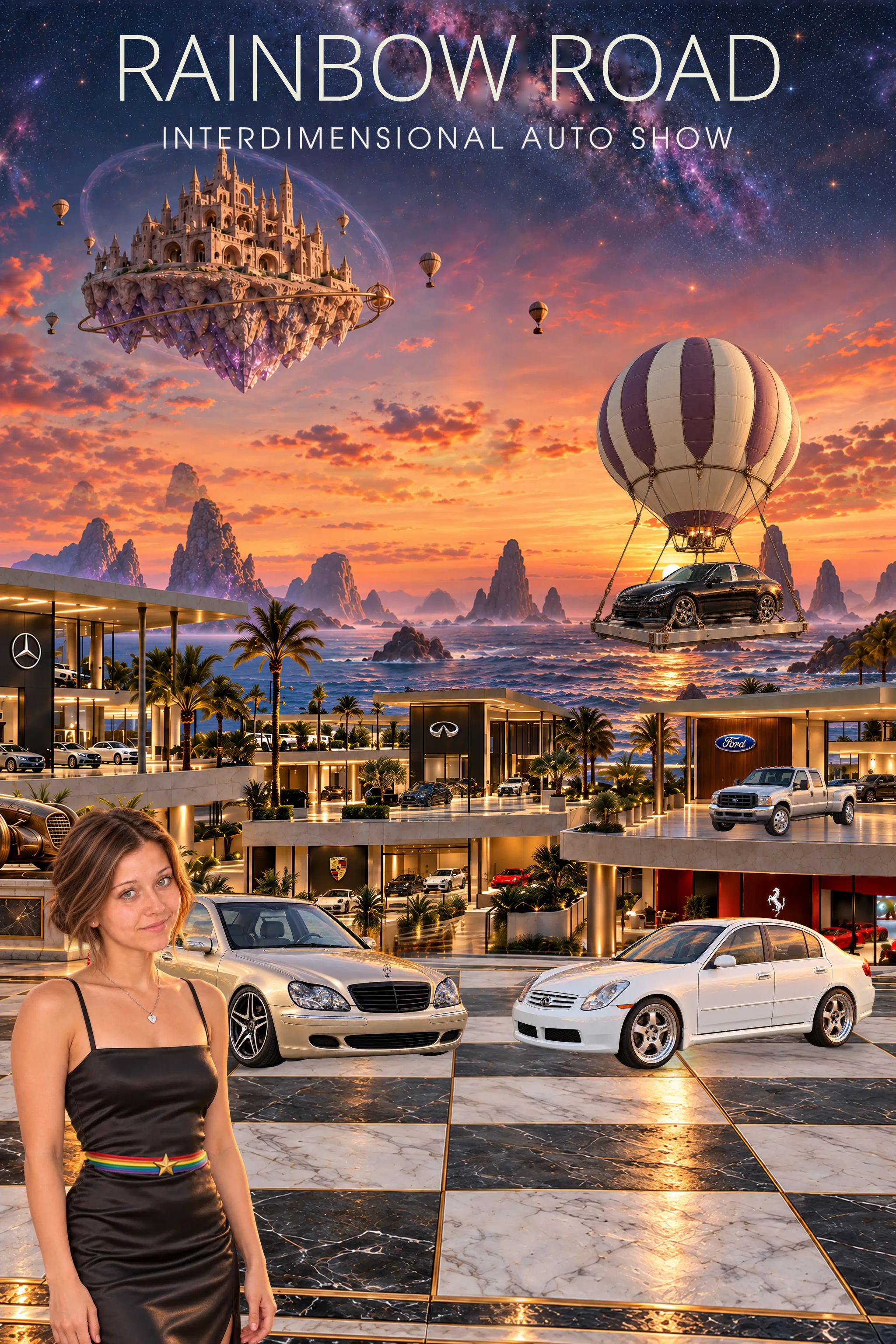 Rainbow Road Interdimensional Auto Show. Floating amethyst sandcastles, distant worlds and galaxies overlook an otherworldly rocky coastline. Illuminated fountains and car sculptures surround a marble checkerboard courtyard with multi-level manufacturer exhibits. Iridella Wisp stands at the left in a black dress, Allison’s champagne Mercedes faces Tony’s white G35, Pearl arrives by balloon, and Fletcher’s truck rests on the Ford terrace.