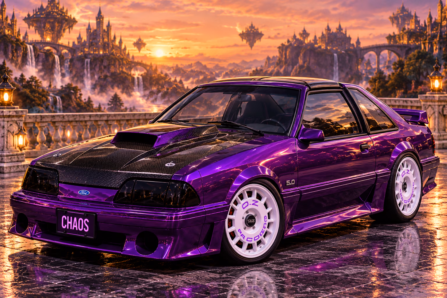 Mason · Purple Fox-body Mustang at Sunset Citadel. Mason, the purple 1986 Ford Mustang CHAOS, in a fictional automotive scene.