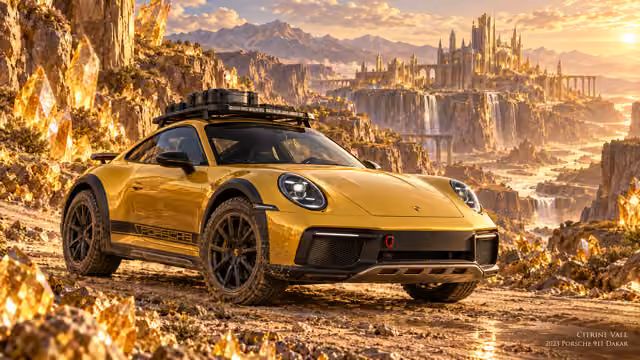 2023 Porsche 911 Dakar · Citrine Vale. An individual fictional automotive portrait at Citrine Vale.