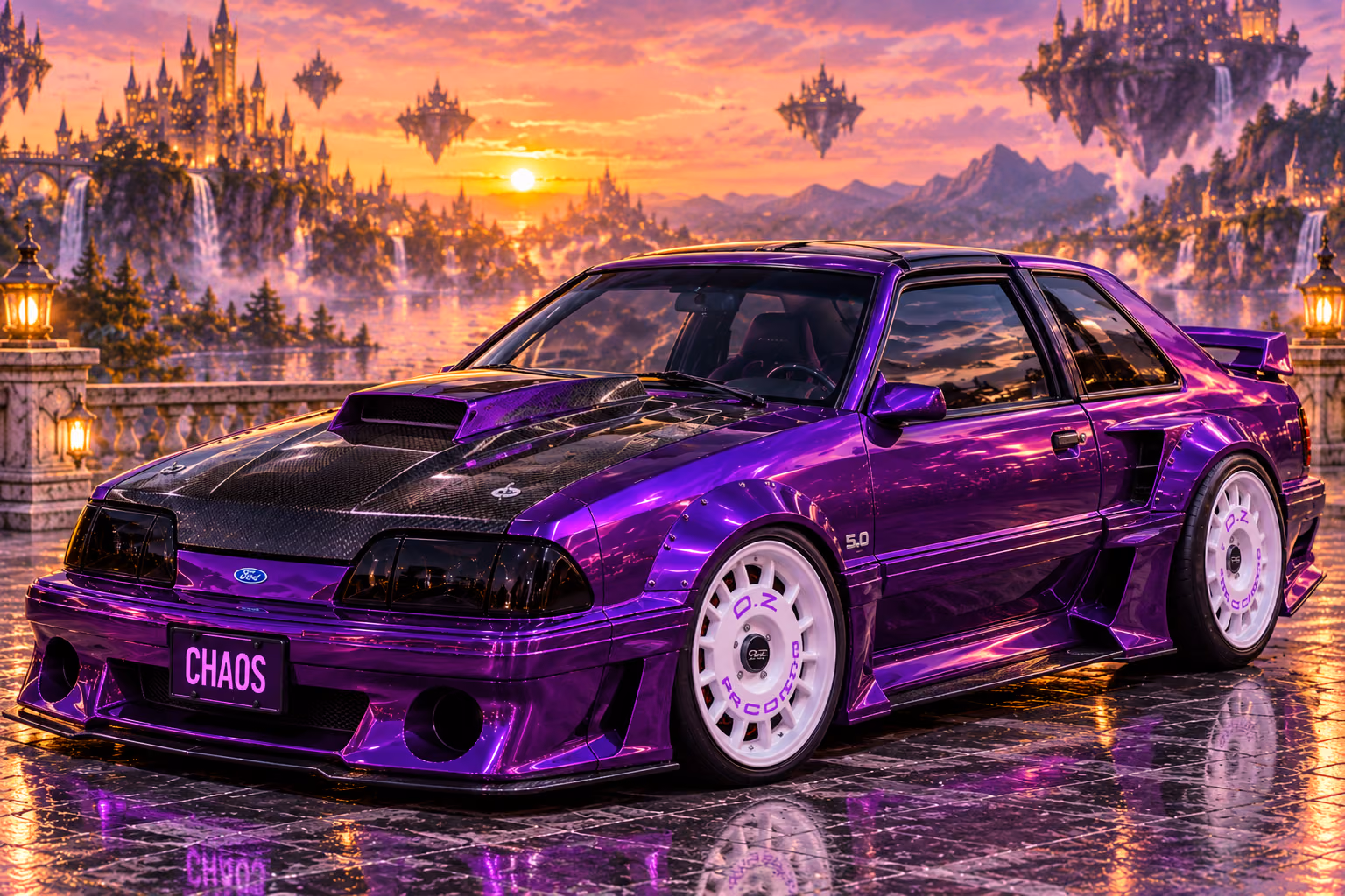 Mason · Purple Fox-body Mustang at Sunset. Mason, the purple 1986 Ford Mustang CHAOS, in a fictional automotive scene.