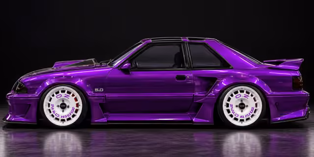 Purple Widebody Mustang with OZ Racing Wheels. Mason, the purple 1986 Ford Mustang CHAOS, in a fictional automotive scene.