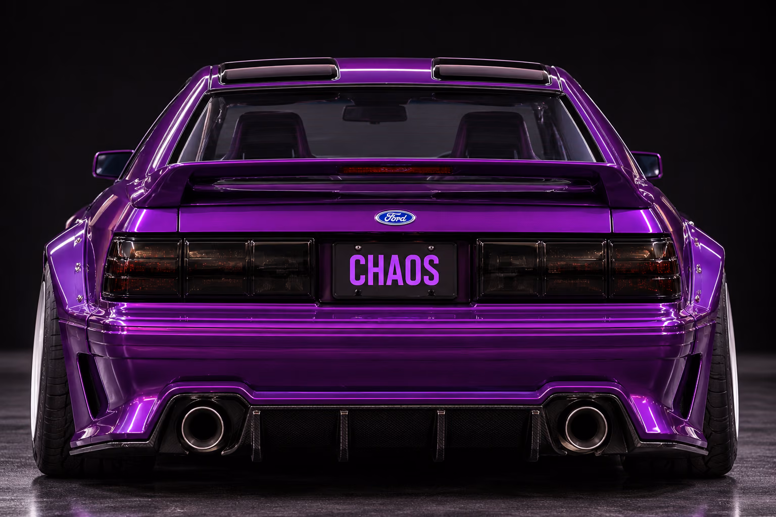 Purple Widebody Mustang CHAOS Rear View. Mason, the purple 1986 Ford Mustang CHAOS, in a fictional automotive scene.