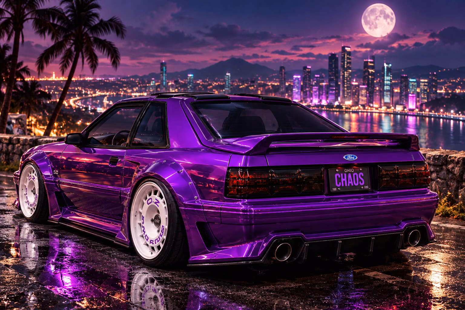 Neon Moonlit Purple Mustang Overlook. Mason, the purple 1986 Ford Mustang CHAOS, in a fictional automotive scene.