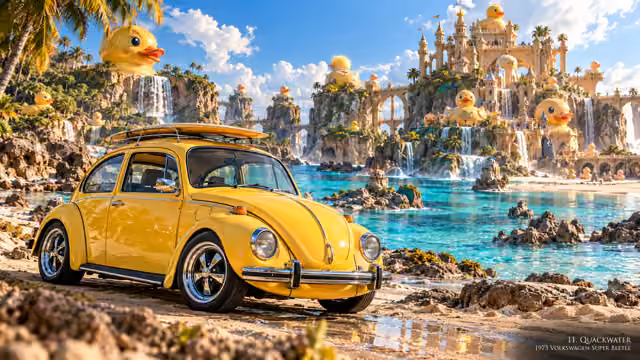 1973 Volkswagen Super Beetle · Quackwater. An individual fictional automotive portrait at Quackwater.