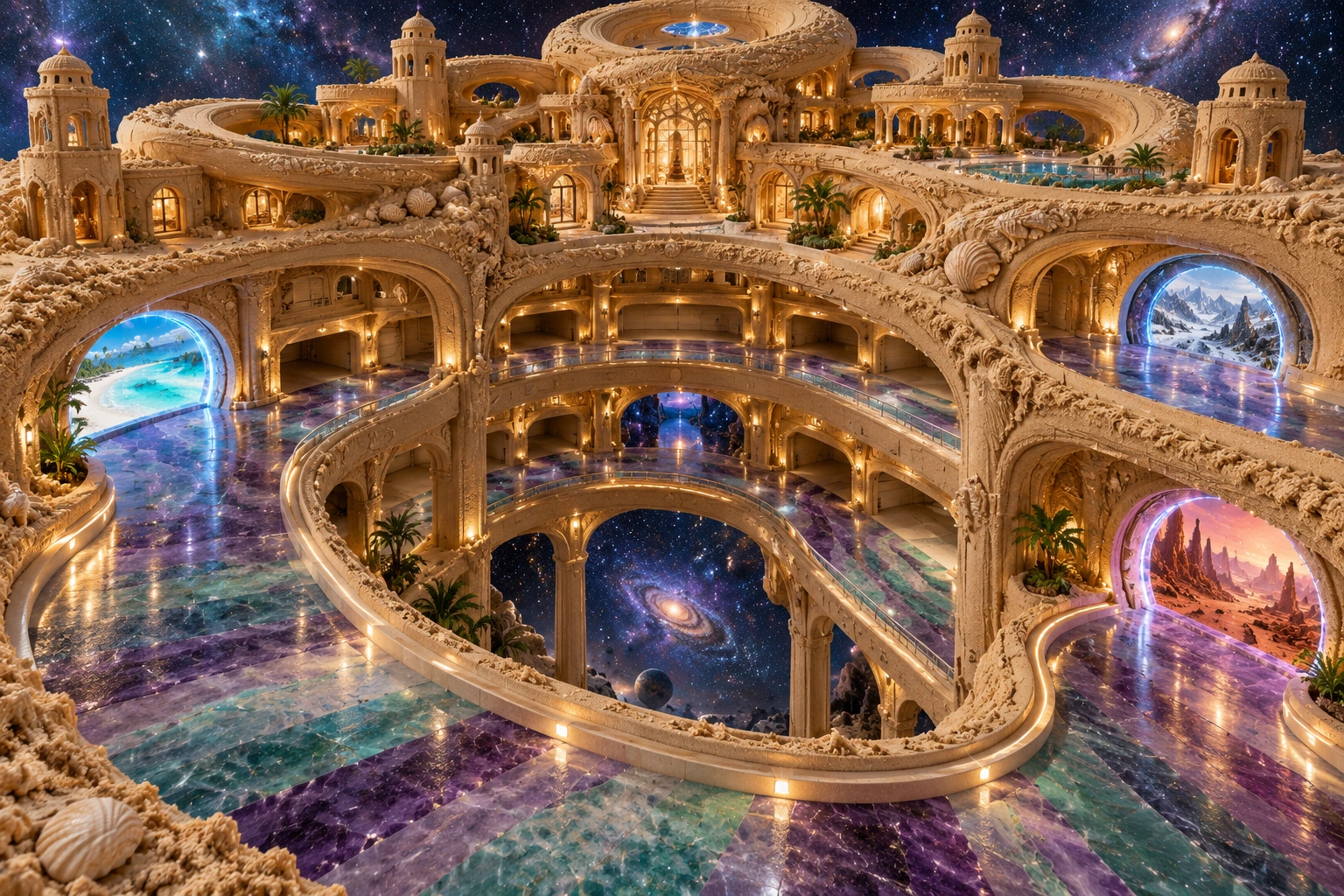 Cosmic Garage Beneath a Sand-Sculpted Mansion