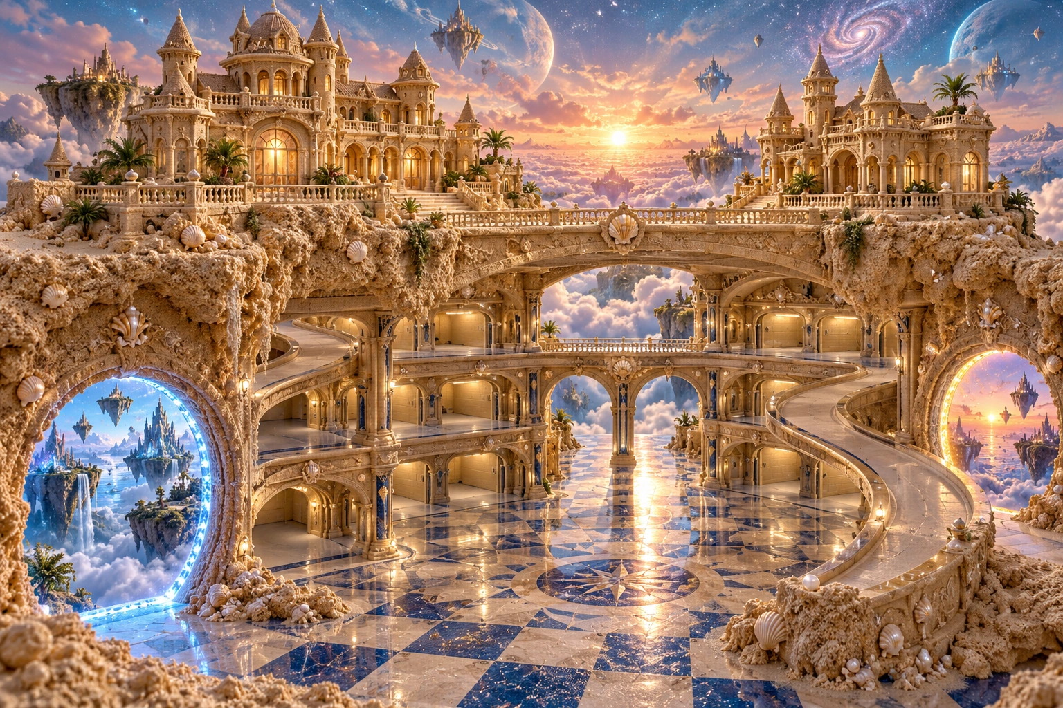 Cosmic garage beneath a sand-sculpted mansion