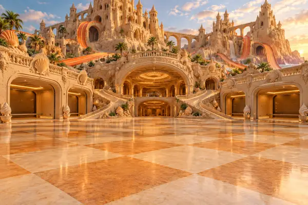 Sandcastle showroom beneath a mansion.