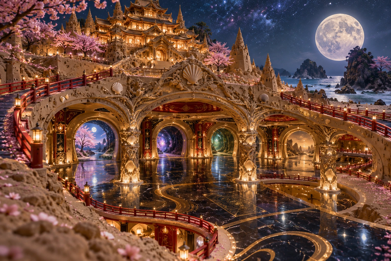 Moonlit Sandcastle Garage with Cosmic Portals