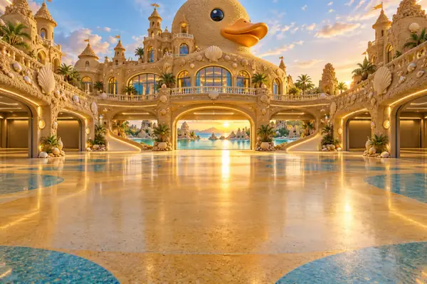Giant Duck Sandcastle Showroom at Sunrise.