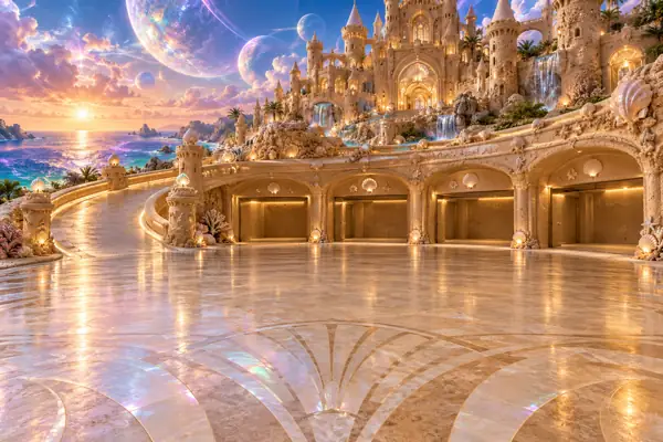 Empty sandcastle showroom above rainbow ocean.