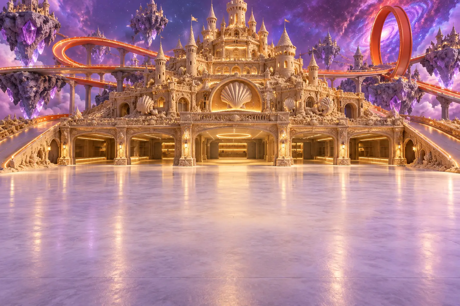 Empty Sandcastle Showroom Under a Purple Nebula.