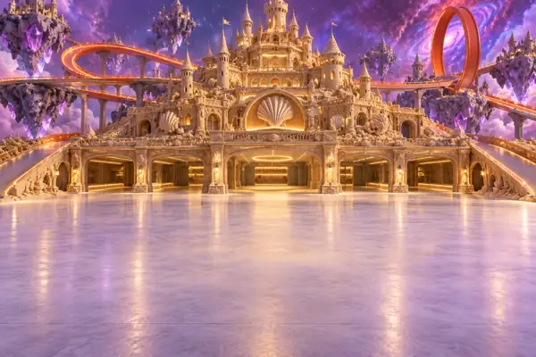 Empty Sandcastle Showroom Under a Purple Nebula.