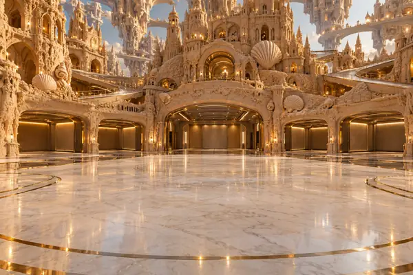 Cinematic sandcastle mansion showroom.