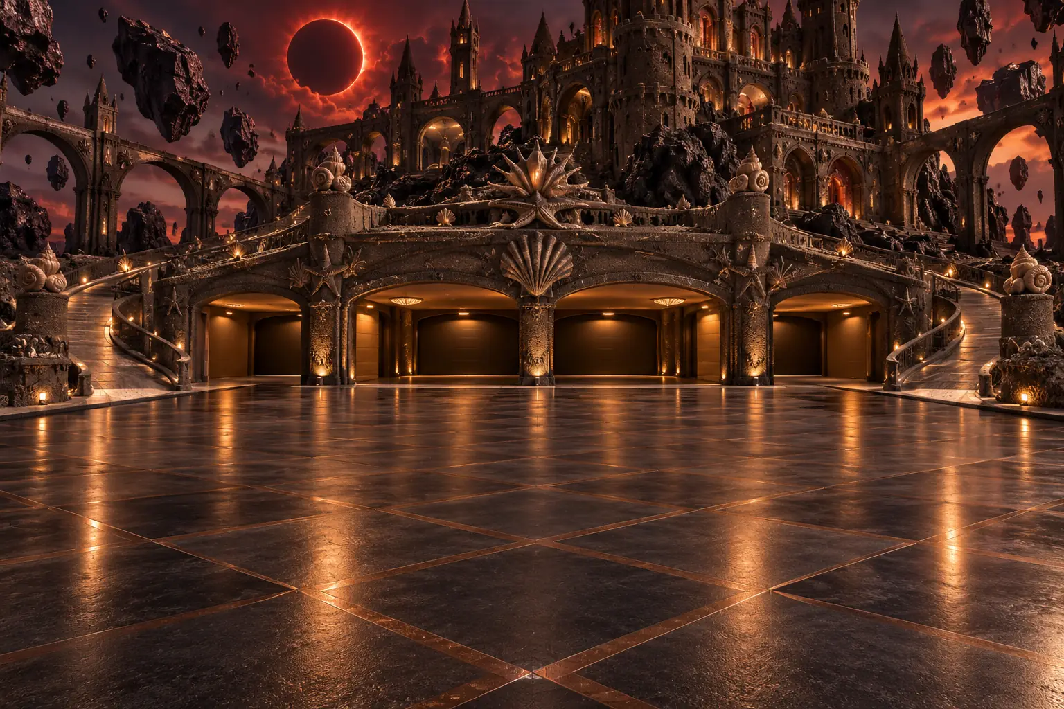 Black Sand Showroom Beneath a Red Eclipse.