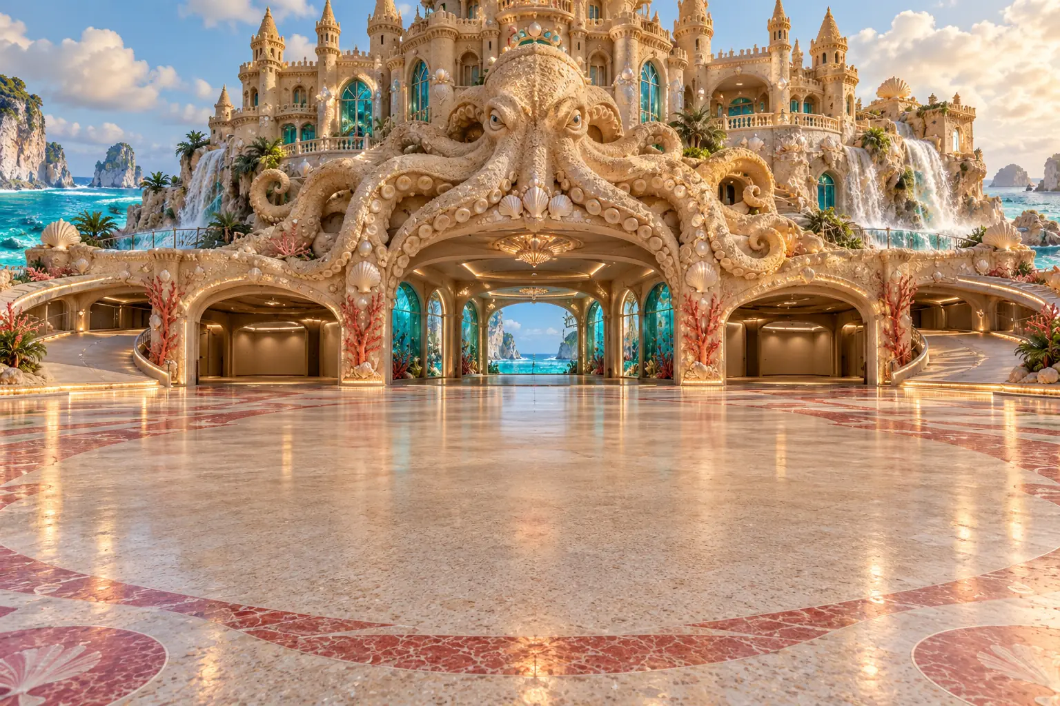 Octopus-held sandcastle car showroom.
