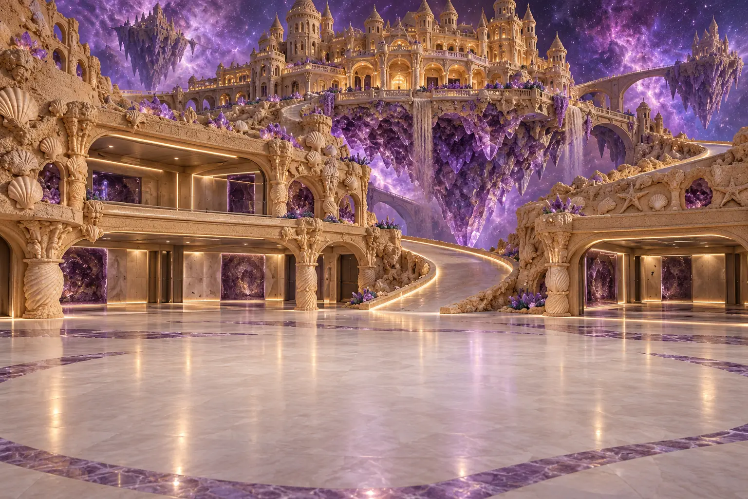 Amethyst-anchored sandcastle showroom.