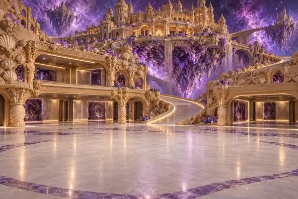 Amethyst-anchored sandcastle showroom.