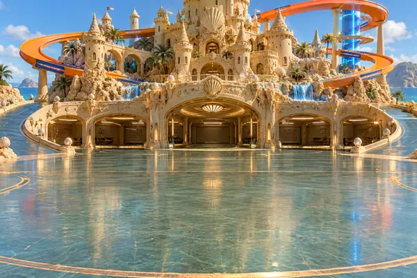 Fantasy sandcastle garage showroom.