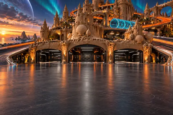 Futuristic sandcastle showroom under an alien aurora.