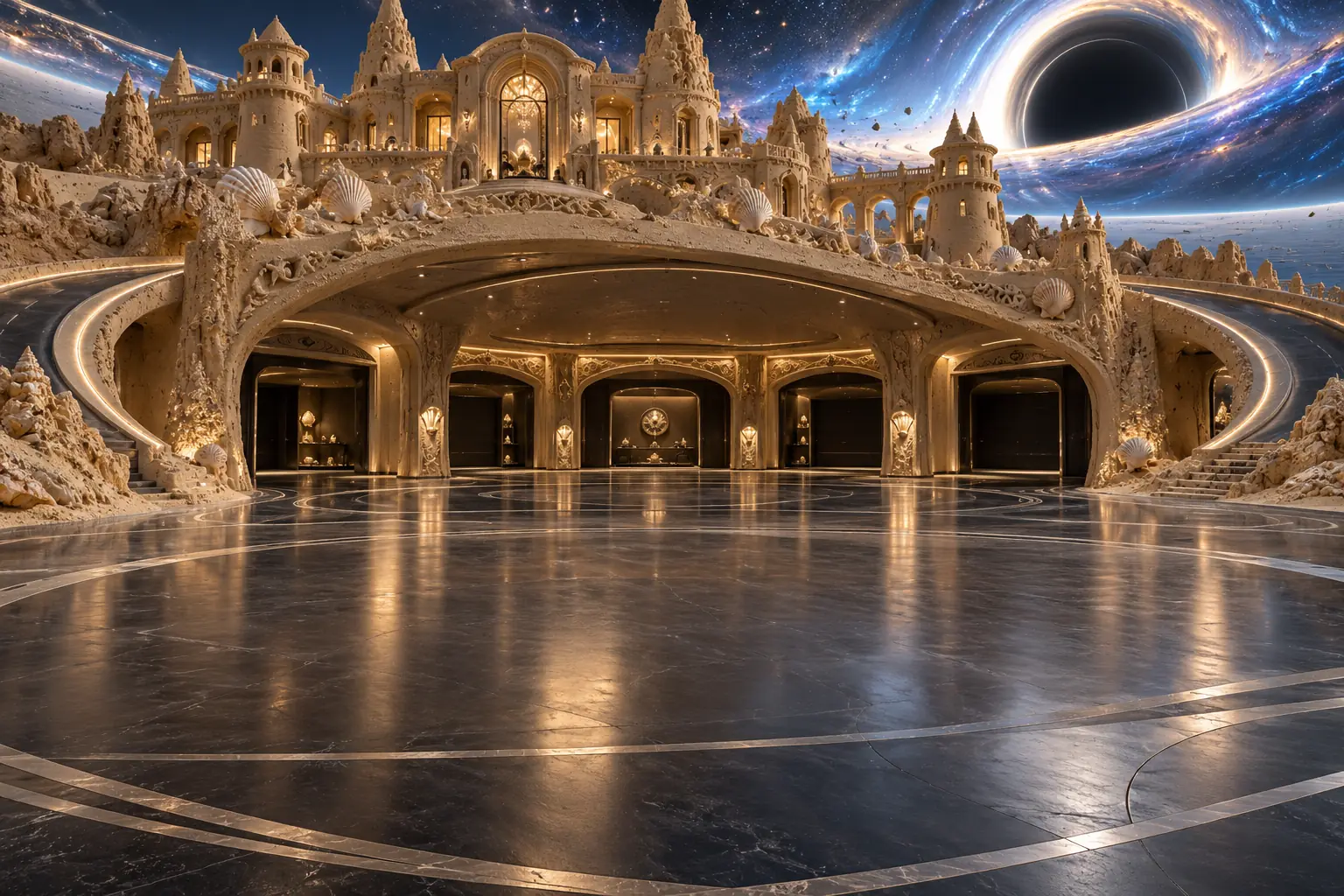 Interstellar sandcastle showroom beneath a black hole.