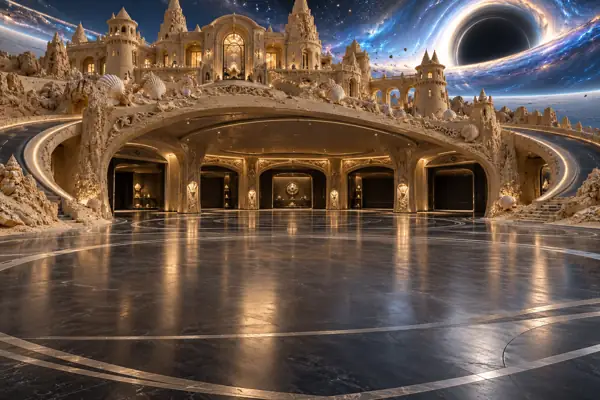 Interstellar sandcastle showroom beneath a black hole.