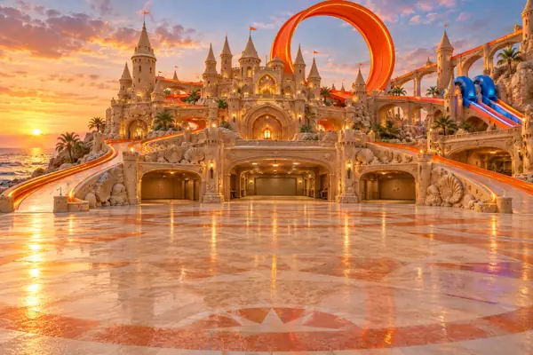 Sandcastle showroom with giant orange loop.