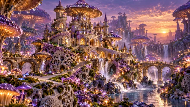 A mushroom-shaped sandcastle rises among purple foliage and waterfalls at twilight.