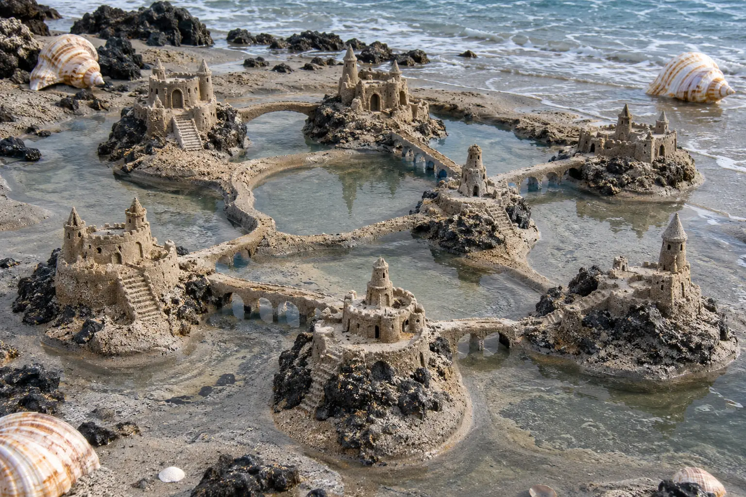 Seven sand forts on shell islands.