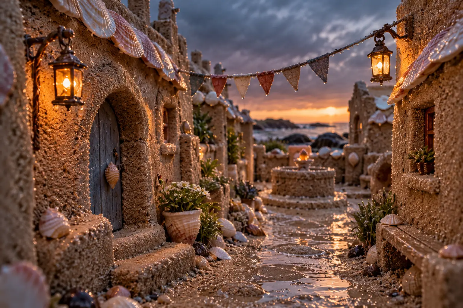 Rainy shell-roofed sand alley.