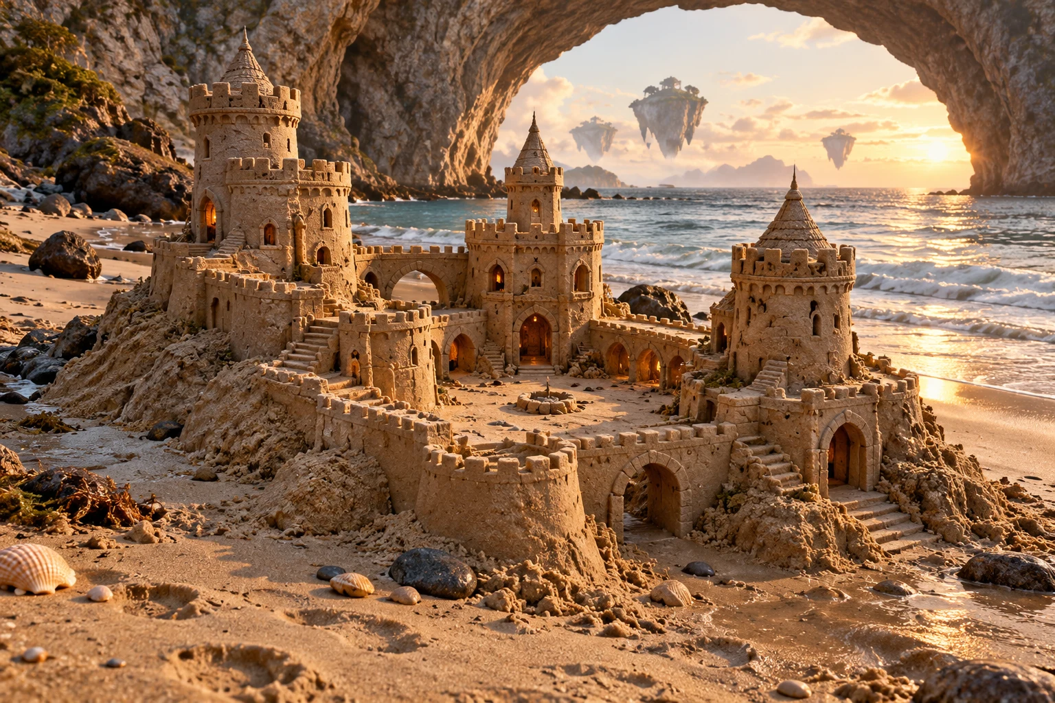 Three-towered sandcastle beneath a coastal rock arch with floating islands beyond.